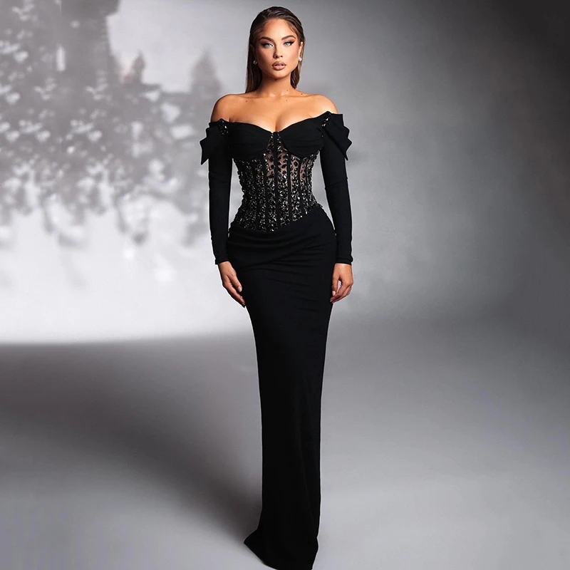 Thinyfull Sexy Mermaid Prom Dresses Black Long Sleeve Crystal Evening Party Dress Formal Night Cocktail Prom Gowns Custom Size