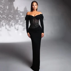 Thinyfull-Robe de Rhsirène noire sexy à manches longues, robe de soirée en cristal, soirée formelle, Rhcocktail, quelle que soit la taille personnalisée