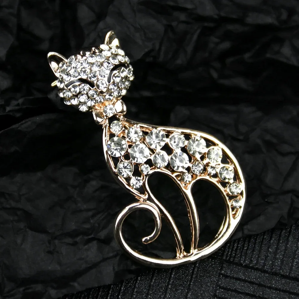 Broche de gato y zorro para mujer, Pin de diamantes de imitación de cristal de circón, insignia elegante de la vida silvestre del bosque, chaqueta, sombrero, mochila, disfraz, regalo de boda