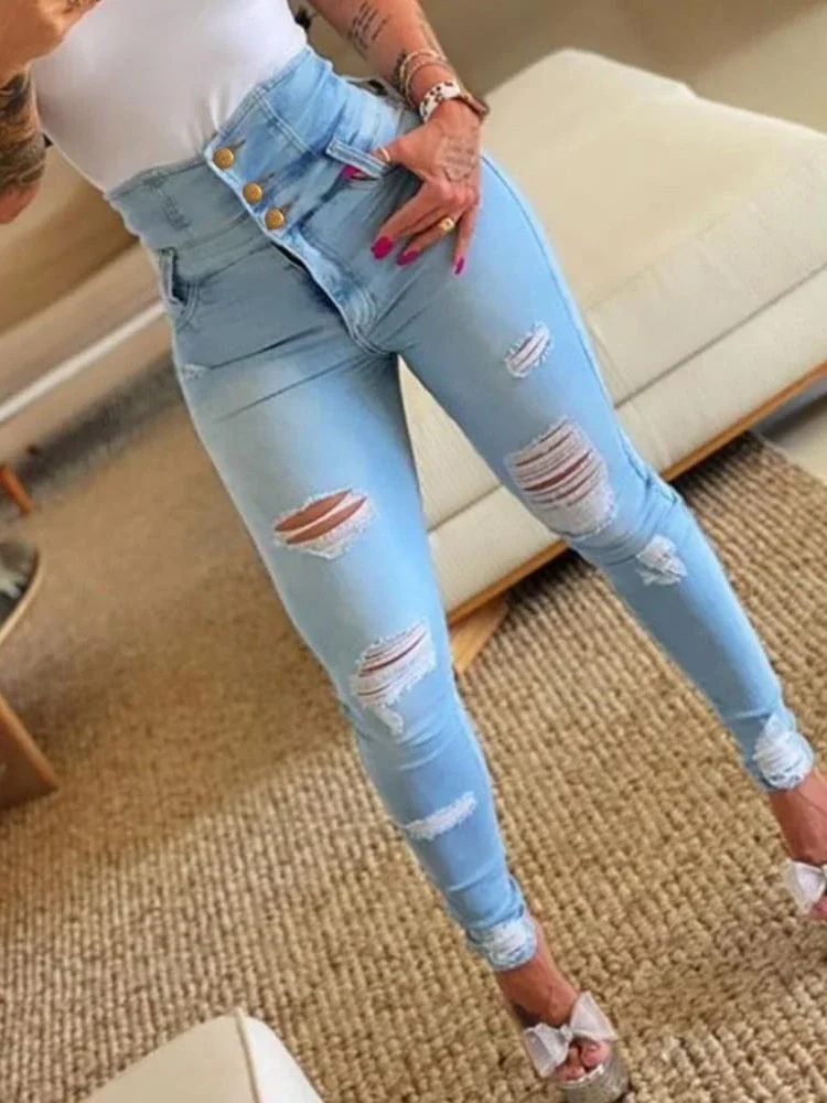 Mulheres angustiadas jeans, calças lápis, lavagem, slim fit, bolsos, streetwear, buracos, primavera, botão liso, voar, suave strech