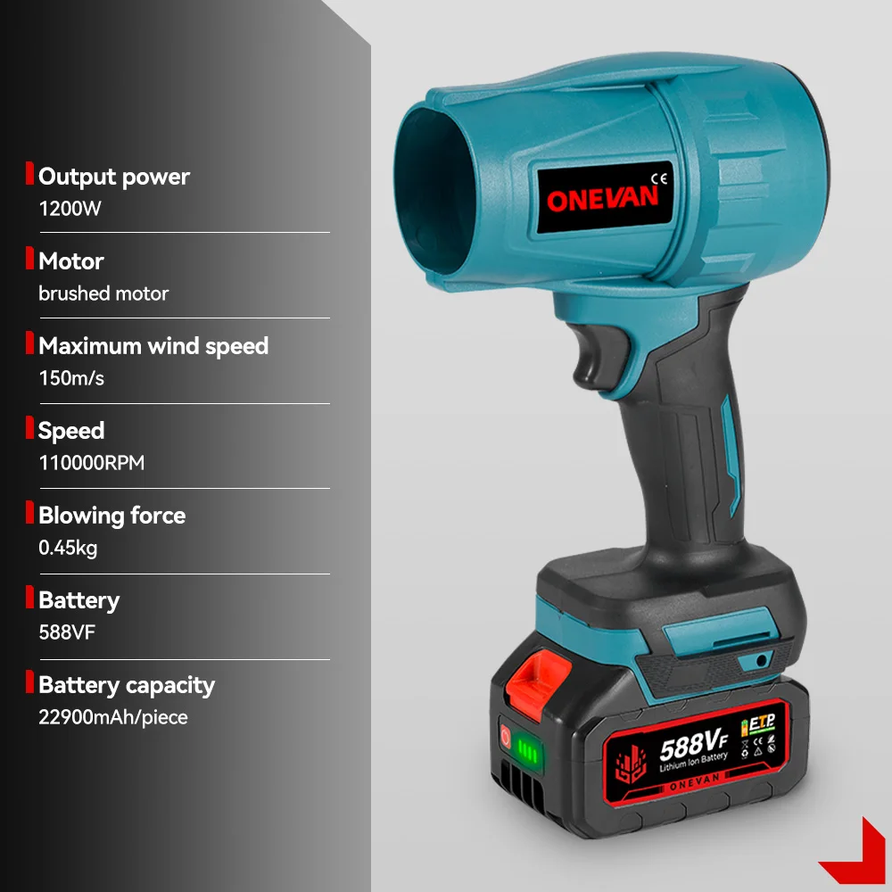 ONEVAN 1200 واط الكهربائية توربو منفاخ اللاسلكي 150 متر/الثانية يده منفاخ الهواء الغبار ورقة الثلج تهب أدوات ل ماكيتا 18 فولت بطارية دبوس