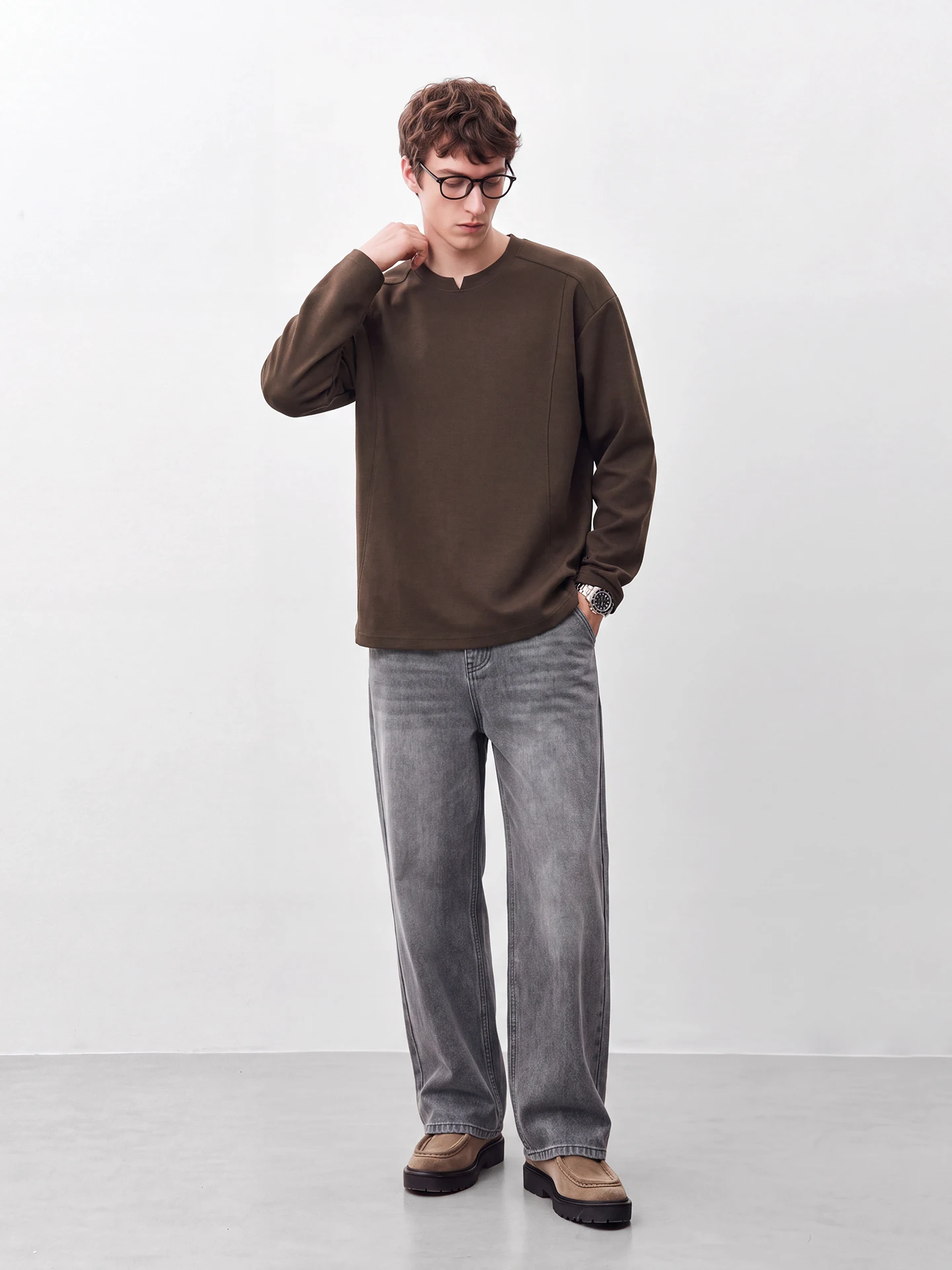 Washed Cotton Long Sleeve T-Shirt Men's Casual Commute Base Layer Top Button Detail Standard Fit Fashion Urban Style