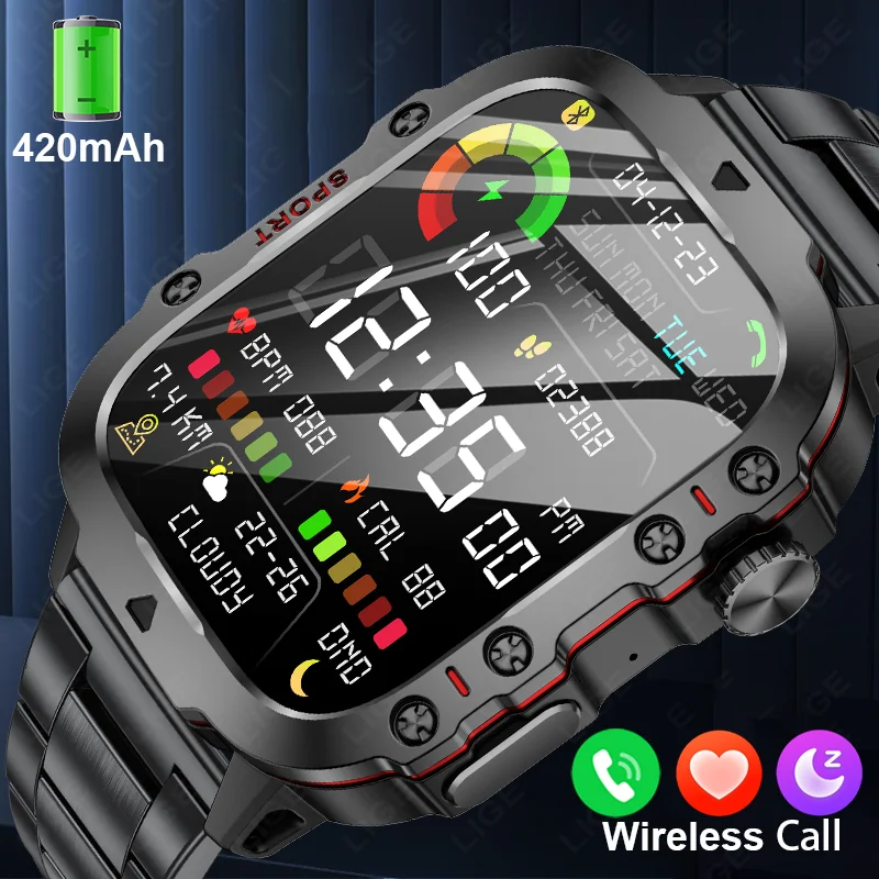 

LIGE 2024 Rugged Military Smart Watch Men Outdoor Watches 3ATM Waterproof Al Voice Bluetooth Call Smartwatch For Android lOS