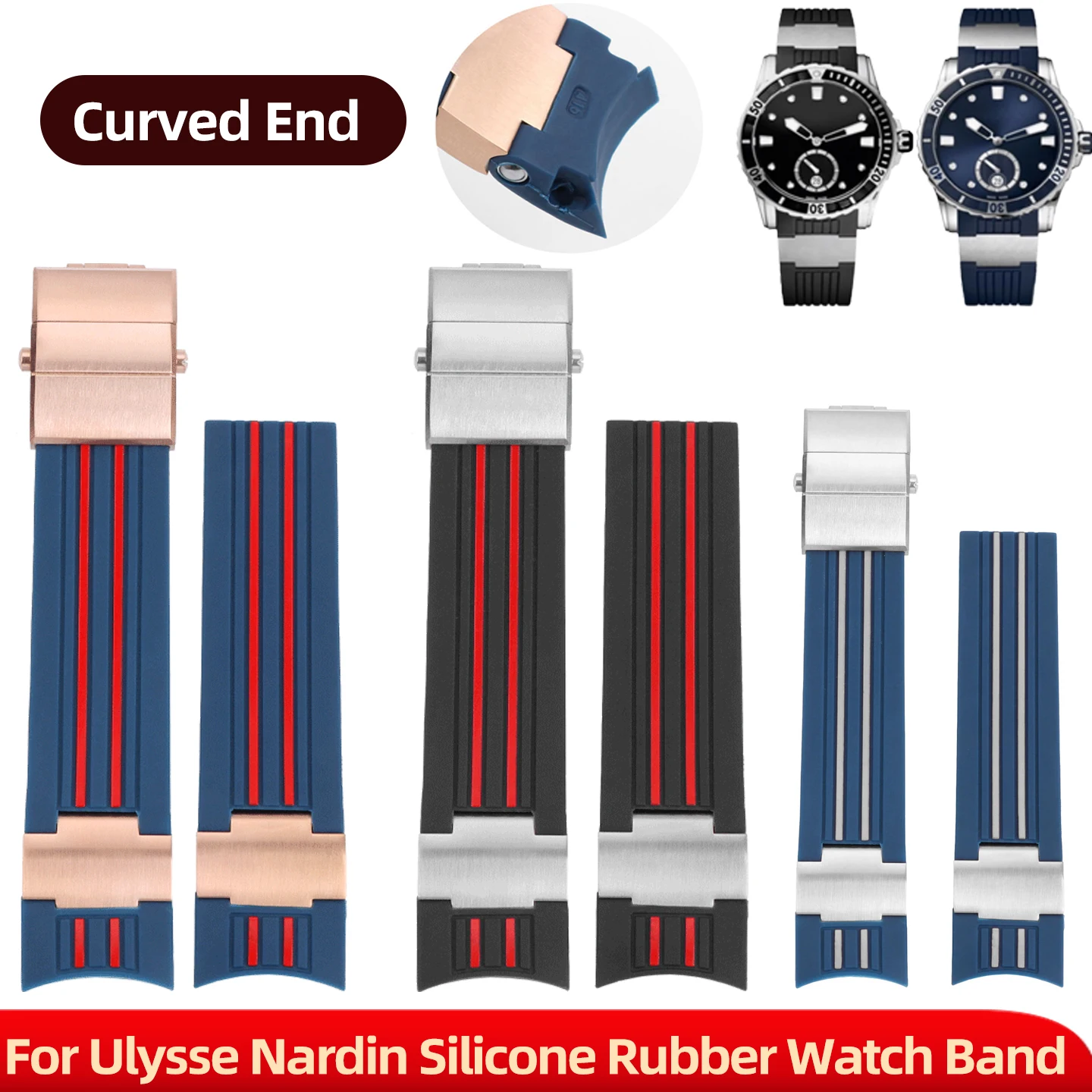 Natural Rubber Watchband 22mm For Ulysse Nardin Diver Black  red stripes Silicone Watch Strap Silver Rose Gold Folding Buckle