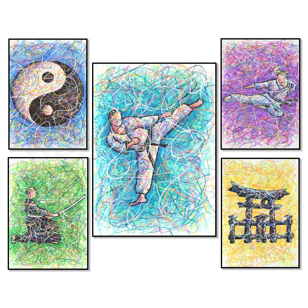 Samurai Karate Art, Abstract Graffiti Prints, Yin Yang Art, Karate Poster Canvas Painting Nordic Wall Pictures Living Room Decor