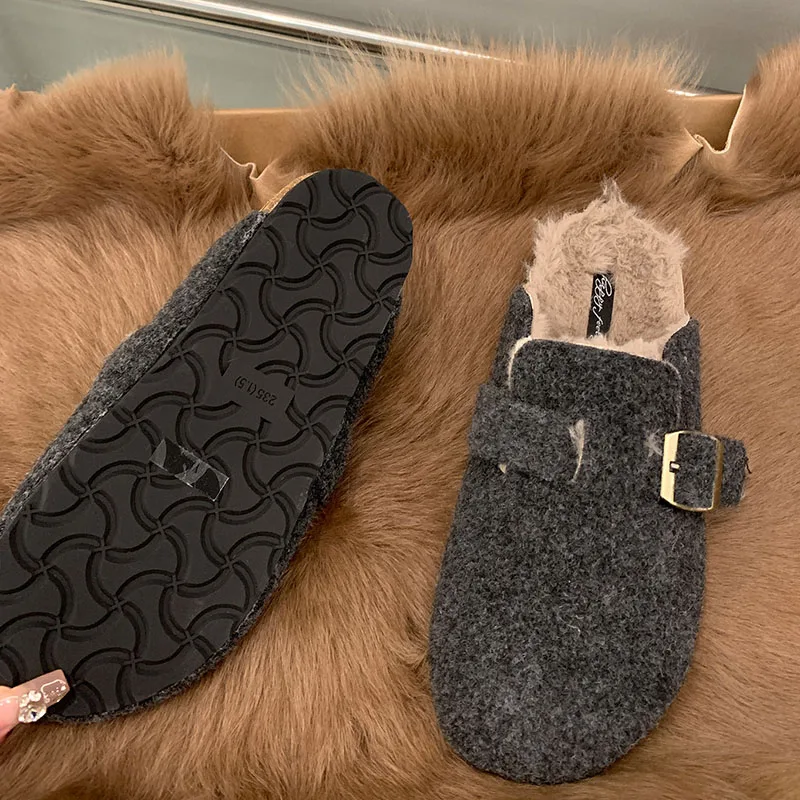 2024 Winter Women Slippers Fashion Fur Round Toe Furry Fashion Narrow Band Casual Outdoor Slipper Flat Heel Chaussures Femme New