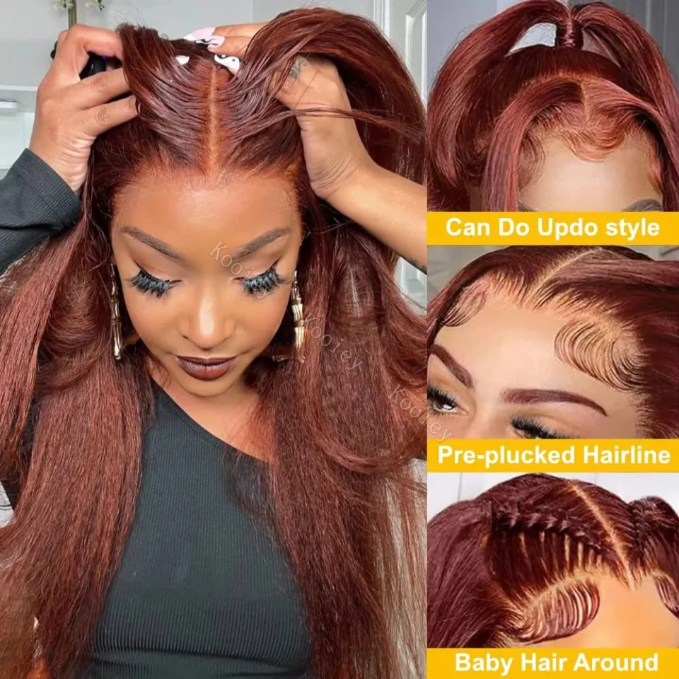 

Reddish Brown Kinky Straight Human Hair Wigs Pre Plucked Front 13x6 Hd Lace Frontal Wig Glueess Brazilian 5x5 Silk Top Yaki Wig