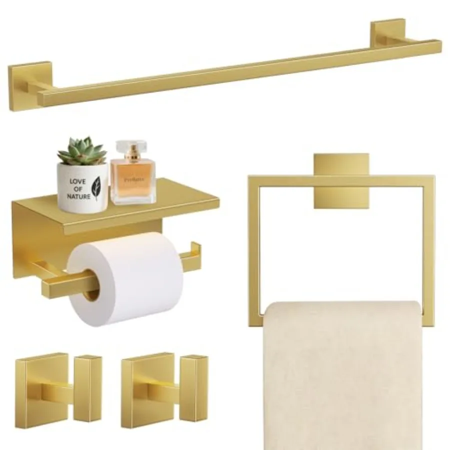 

5 Pieces Bathroom Hardware Set, SUS304 Stainless Steel 23.6 Inch Bath Towel Bar Set, Square Bathroom Accessories Kit Wall Mount