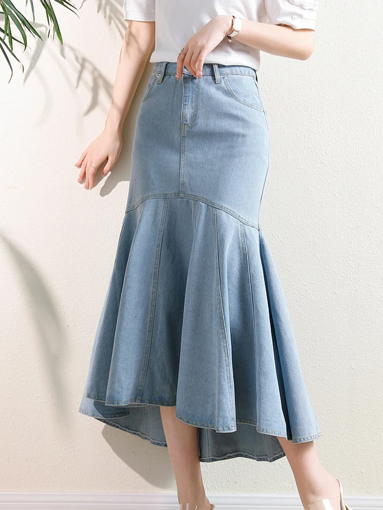 Vintage Light Blue Mermaid Skirts Women Zipper High Waist Denim Skirts Female 2023 New Chic Trumpet Skirts Ruffers Mujer Faldas