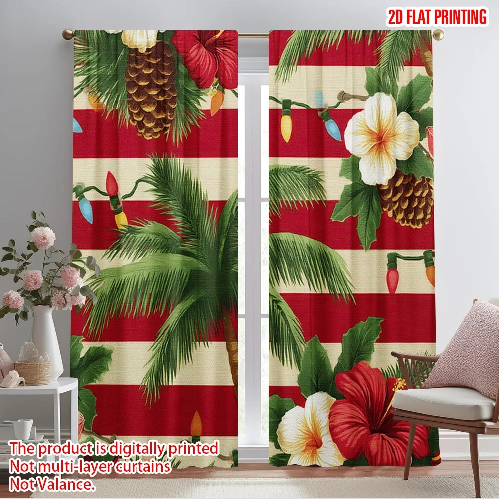 2pcs,2D plane printing Curtain Popular Tropical Santa Beach Scene with Palm Trees & Ocean Durable Polyester (without rod)