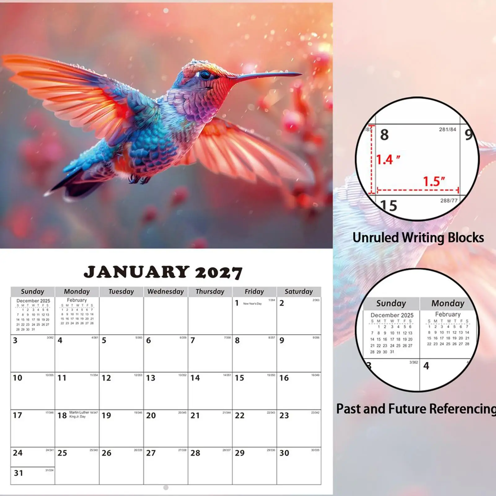 Hummingbird Calendar 2026 13-Month Wall Calendar with Hummingbird Patterns Jan 2026 Jan 2027 Schedule Organizer Planner