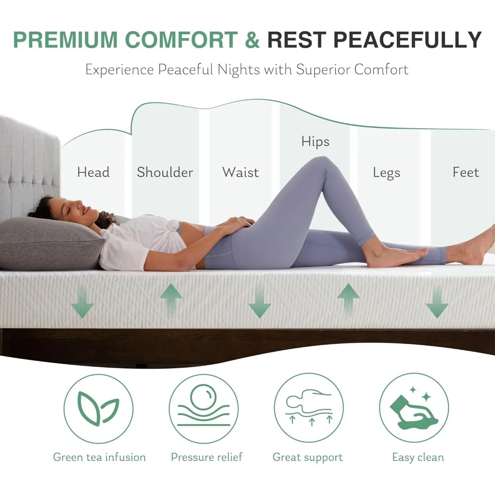 مرتبة كوين متوسطة الحجم مقاس 10 بوصة من إسفنج الذاكرة للشاي الأخضر لسرير منصة وسرير نهاري مزدوج الحجم #5