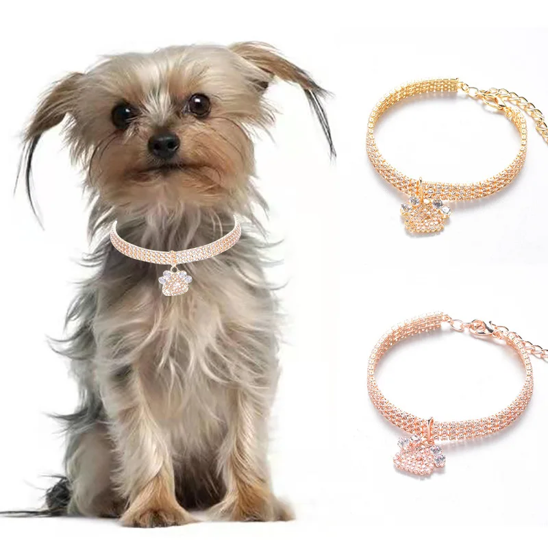 

Fashion Rhinestone Cat and Dog Necklace Cat and Dog Supplies Full Diamond Small Feet Pet Collar Cat Paw Print
