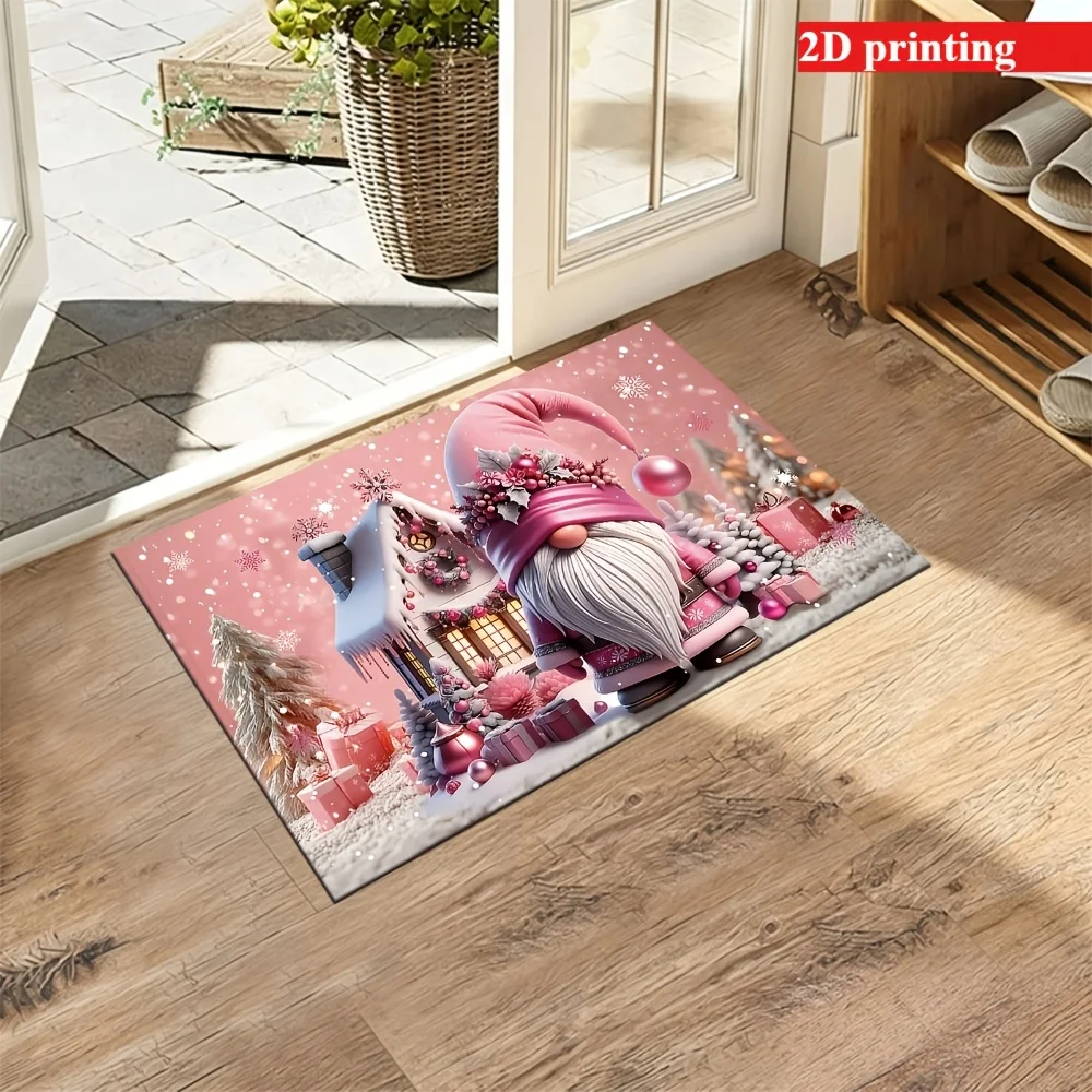 VIKAMA Pink Christmas Gnome Doormat Non Slip Washable Welcome Rug for Front Porch Living Room Indoor Outdoor Holiday Decor