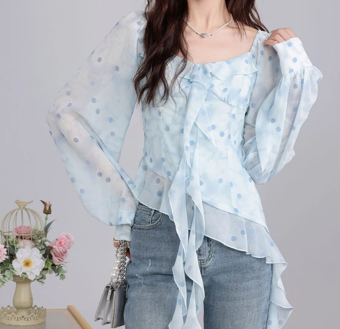 Blue Polka Dot Shirt Women's 2026 Spring New Style Square Collar Elegant Ruffle Edge Small Shirt Top
