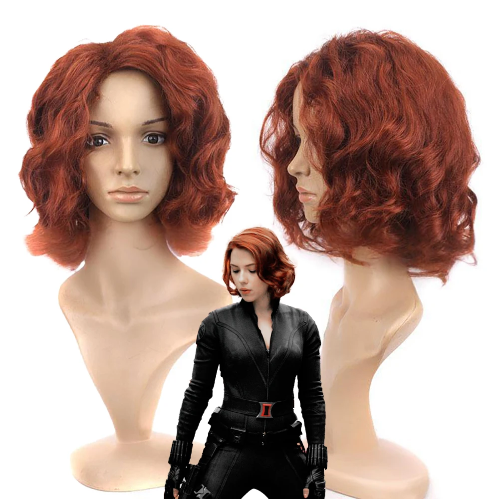 Black Widow Cosplay Kunsthaar, 15 Zoll, weinrotes, kurzes, lockiges Haar, geeignet für die tägliche Party, Cosplay, Hochtemperatur-Seidenperücke