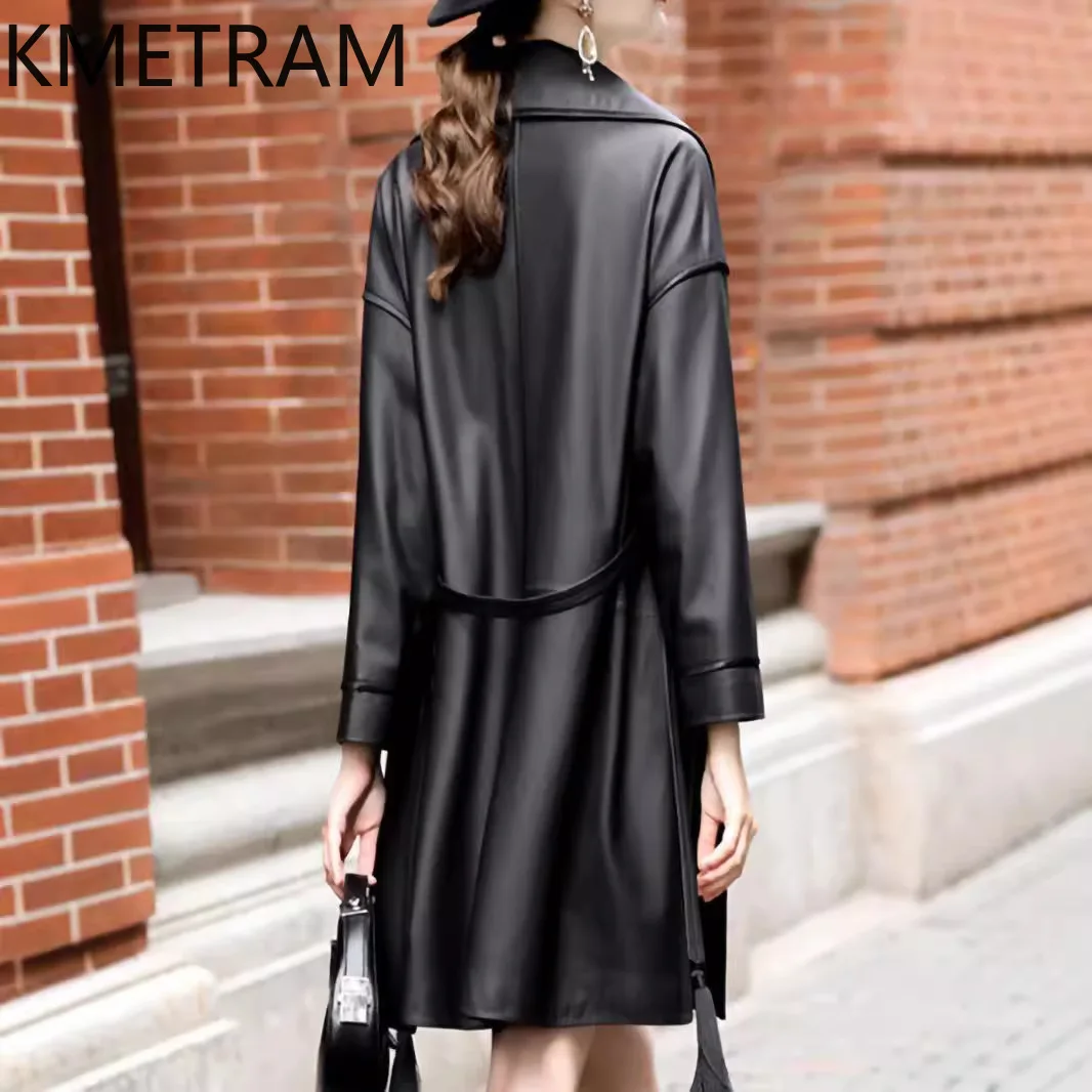 100 % echte Schaffelljacke Frau schwarz V-Ausschnitt echtes Leder Jacken Frauen mittlere Länge Outer Herbst Kleidung 2025 Chaquetas