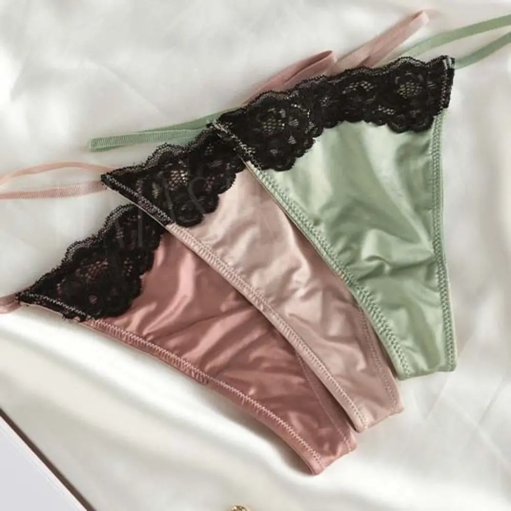 

Patchwork Seamless Lace Briefs Low Waist Underpants Lace Ice Silk Panties Thin Belt Cotton Crotch Women's Lace Satin Silk Thong