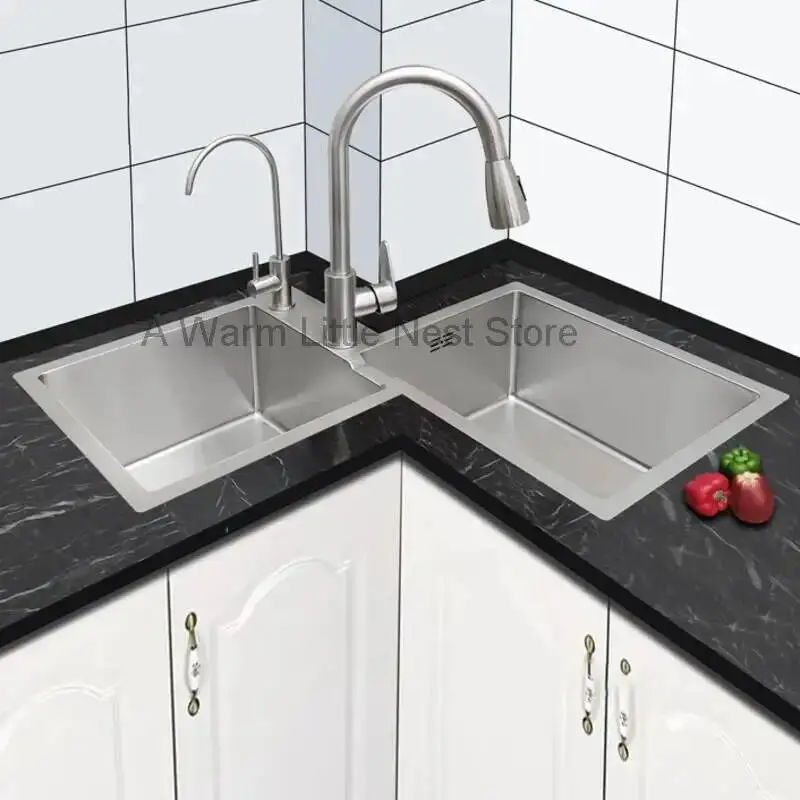 

Kitchen Furniture Thickened 304 Stainless Steel Sink Basin Corner Shaped Double Stainless Steel Kitchen Sinks Accessories Bh