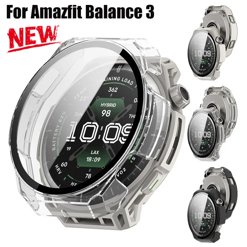 PC Case+Tempered Glass for Amazfit Balance 3 Screen Protector Bumper Cover Integrated Anti-Scratch Shockproof Shell for Balance3