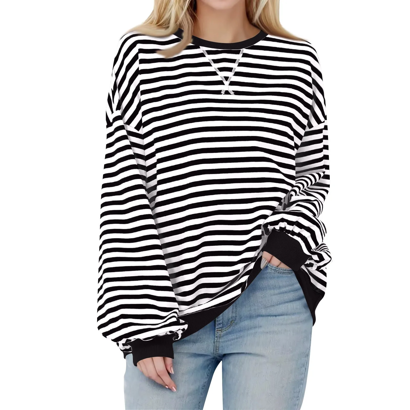 여성 의류 Women\'s Oversized Striped Color Blocking Long Sleeved Round Neck Sports Shirt Casual Loose Fitting Pullover Shirt Top