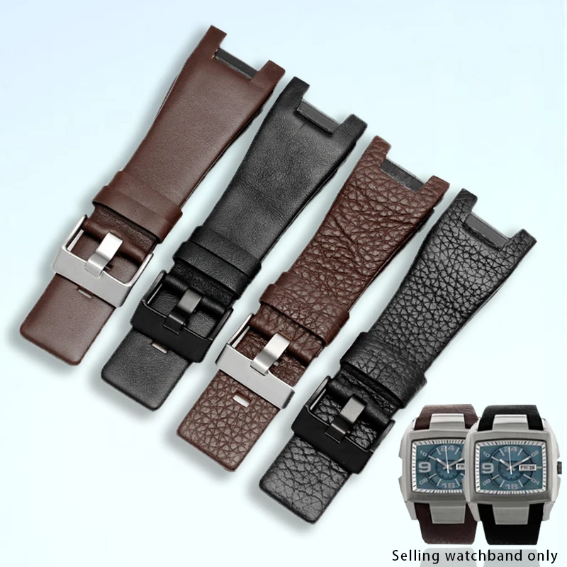 Высококачественный ремешок для часов из воловьей кожи для Diesel DZ4246 DZ1273 DZ1216, вогнутый интерфейс, ремешок из воловьей кожи 32 мм, черный/коричневый Высококачественный ремешок для часов из воловьей кожи для Diesel DZ4246 DZ1273 DZ1216, вогнутый интерфейс, ремешок из воловьей кожи 32 мм, черный/коричневый