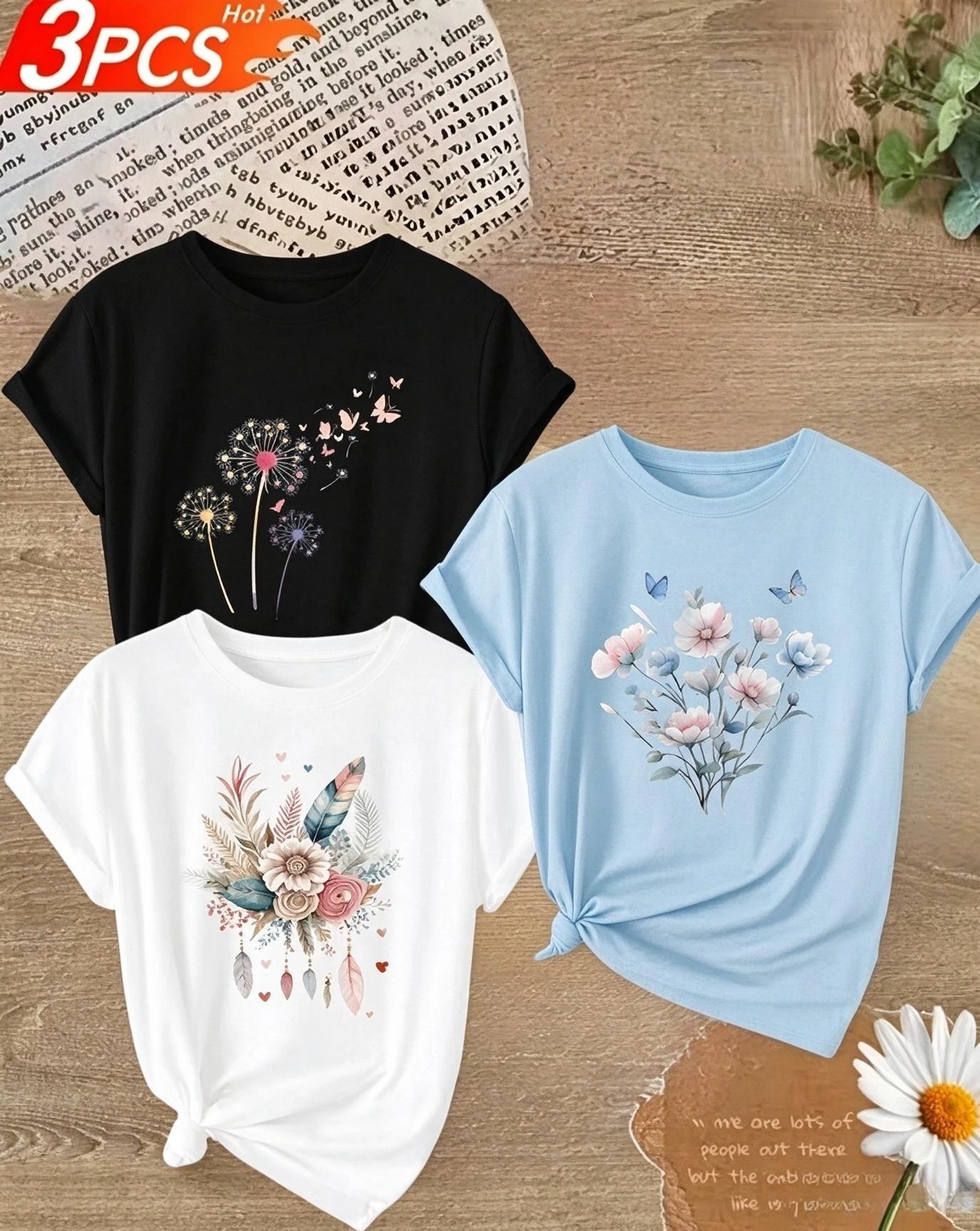 3pcs Vintage Boho Dreamcatcher Graphic Print Tee Shirt Female Summer Casual Tops Soft Cotton Feeling Loose Fit Basic Short Sleeve Tshirts Ladies Versatile Clothing Multipack Bundle