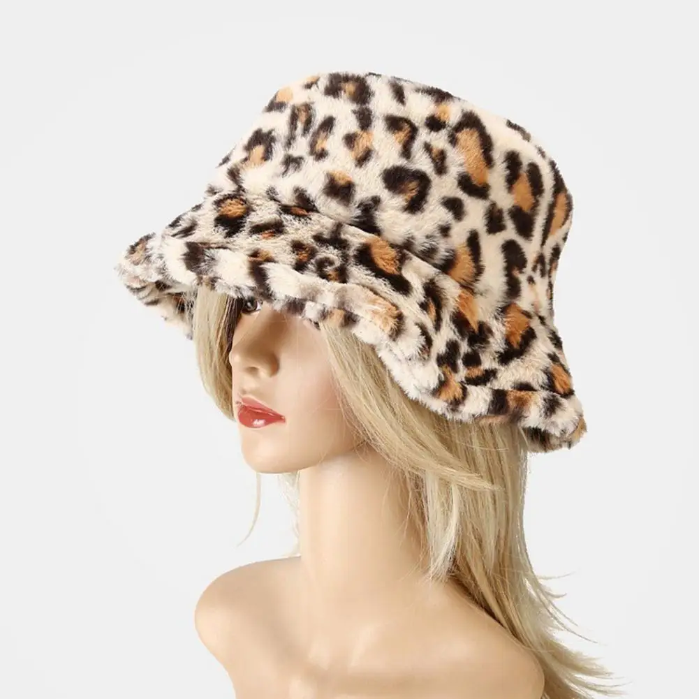 Winter Basin Hat Leopard Print Winter Bucket Hat for Women Thick Plush Dome Basin Hat with Warm Knit Stylish Outdoor for Weather