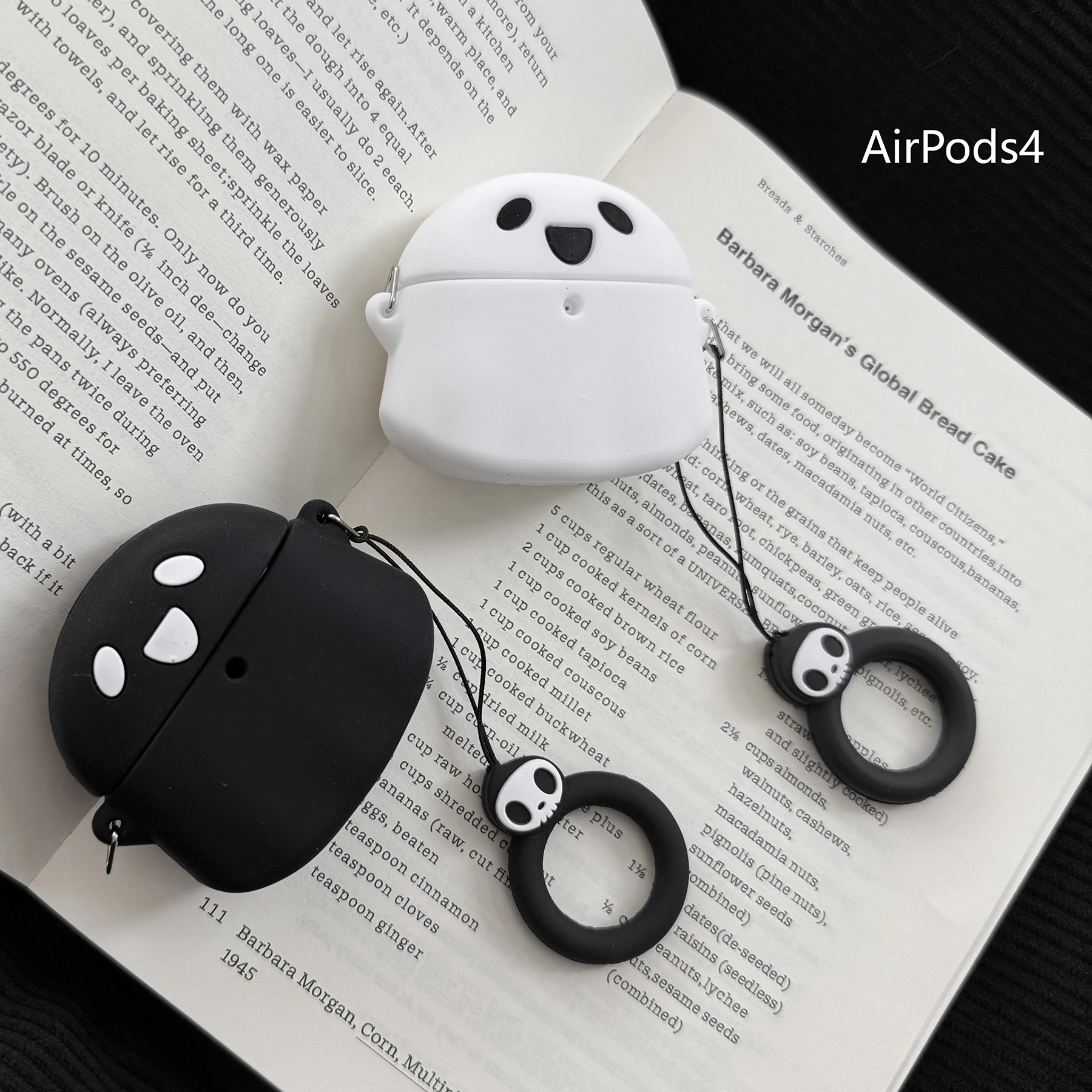 黒と白のゴースト + ストラップ Apple 用 Airpodspro2 ケース/Airpodspro ケース/Airpods4 ケース/Airpods3 ケース/ファッションイヤホンケース/シンプルなイヤホンケース