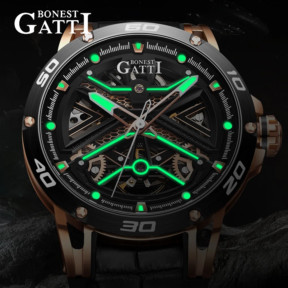 BONEST GATTI Men Automatic Luxury Tourbillon Watch Vintage Mechanical 5ATM Skeleton Sapphire Luminous Leather Strap German Craft