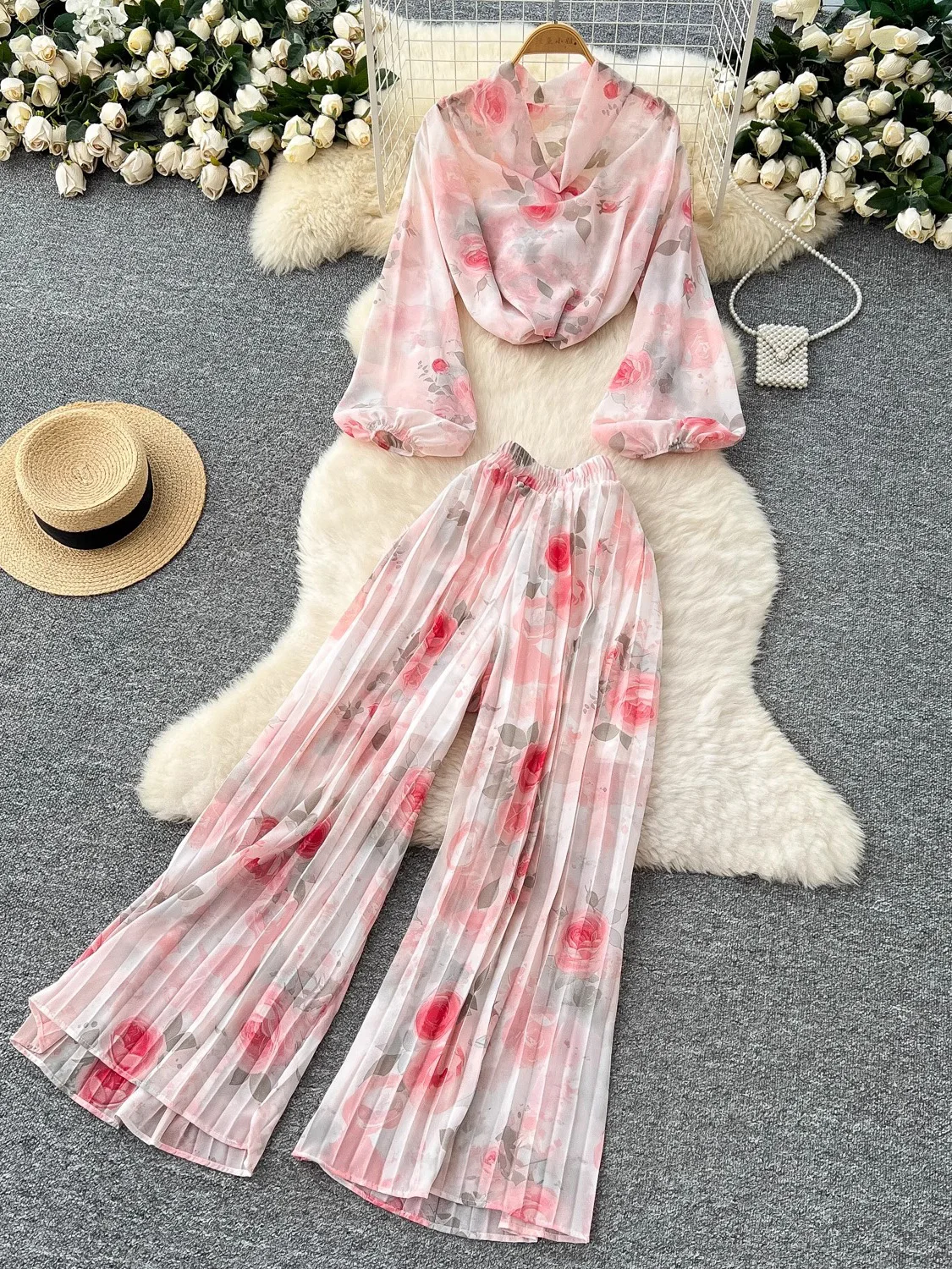 

Summer Women Floral Chiffon Two Piece Set Female Pink/Yellow/Blue/Green Puff Sleeve Blouse + Draped Wide Leg Pants Suit New 2025