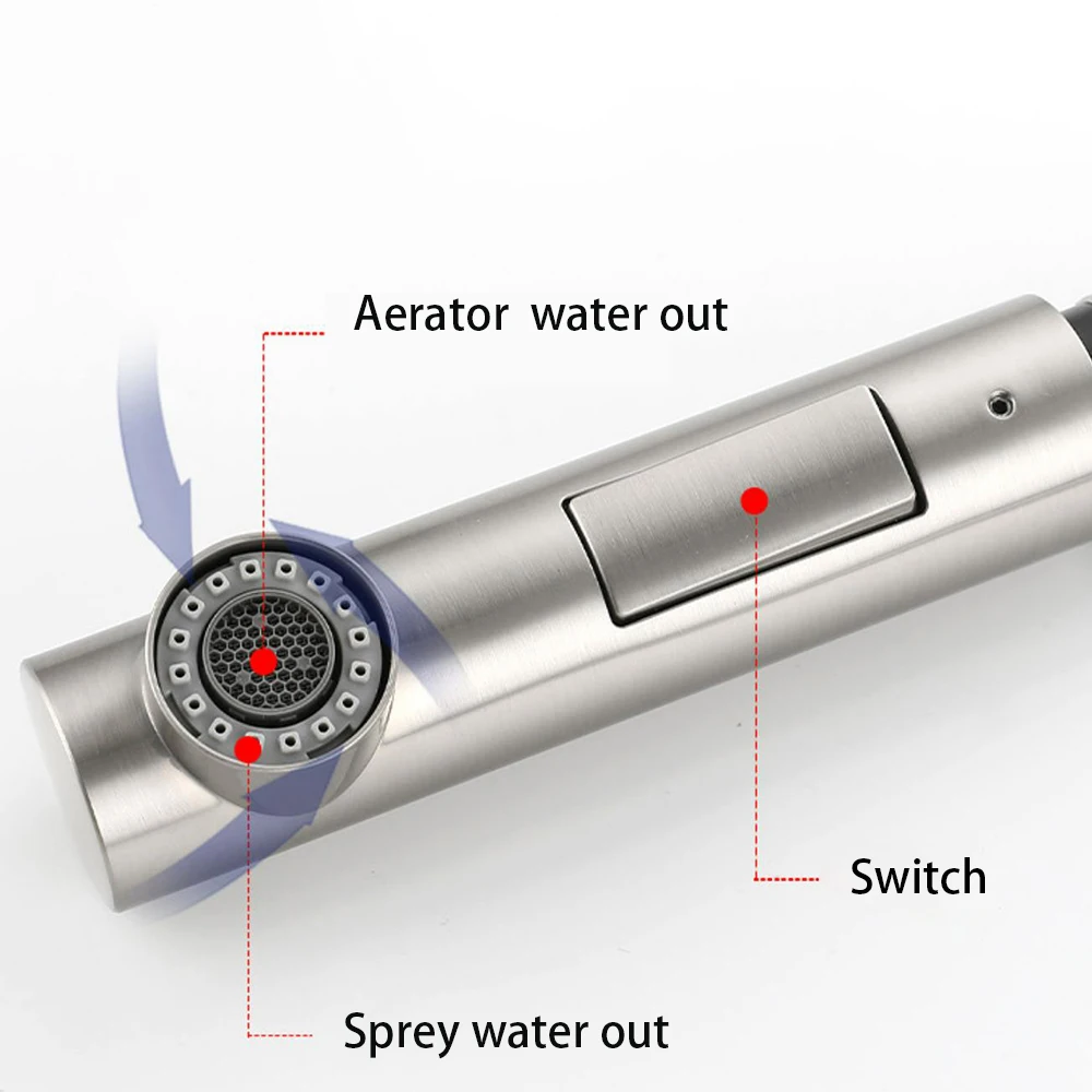 Imagem -04 - Torneira da Bacia de Cozinha 304 360 Rotação Spray & Stream Água para Fora Mangueira Puxe Misturador Água Fria e Quente Aço Inoxidável