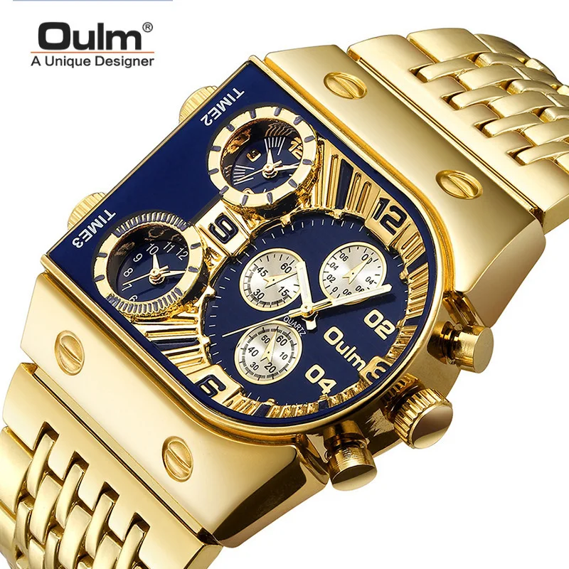 Fashion Oulm Top Brand Multi Time Zone Large Dial Luminous Men's Full Stainless Steel Leisure Cross-border Quartz Gold Watch