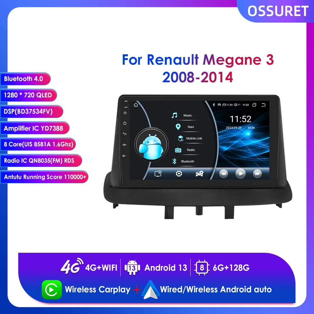 

9" for Ranault Megane 3 2008 - 2014 Android 13 Wireless Carplay Car Radio Multimedia Video Player Navigation BT GPS Stereo 2 Din
