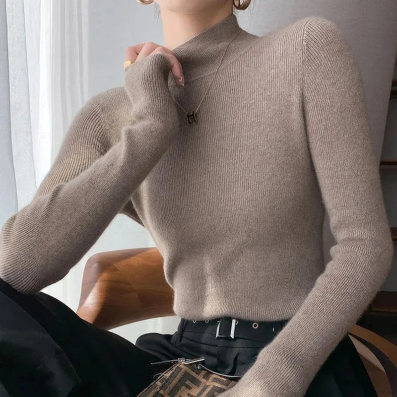 2025 feminino fino ajuste manga longa base pulôver de malha cor sólida camisola de gola alta francês versátil outono inverno quente topos
