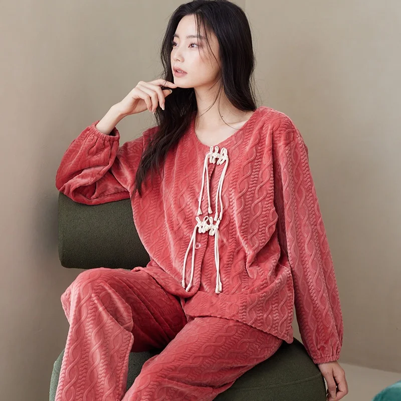 Thick Island Velvet Women Pajamas Set Autumn Winter Keep Warm Coral Fleece Sleepwear Homewear For Female Peignoir Women Clothes