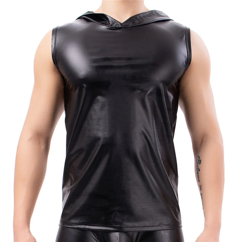 Mens PU Leather Undershirts Sleeveless T Shirts Hooded Tops Male Black Tank Tops Nightclub Stage Club Sexy Vests Men Clothes New