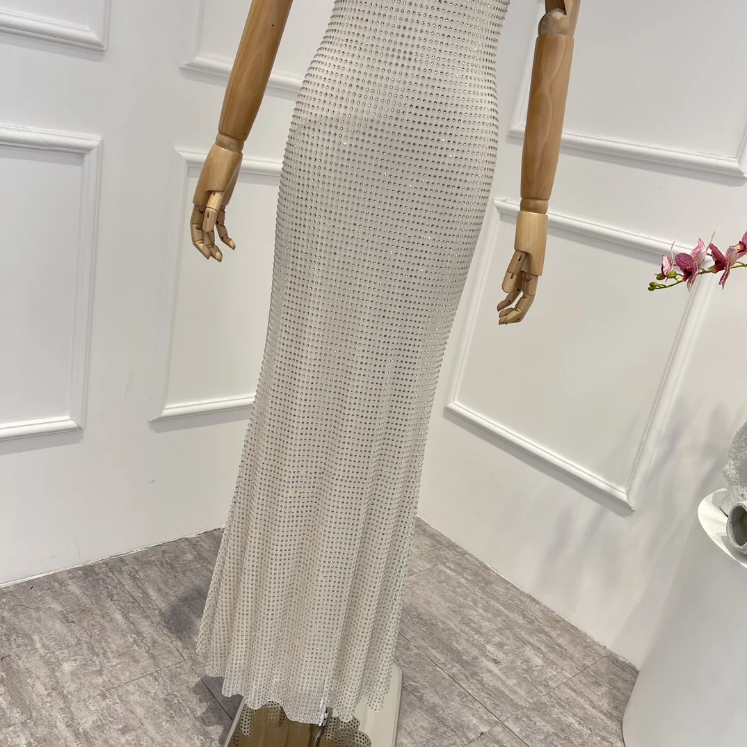

2025 New Beautiful Beige Short Sleeve Diamonds Long Maxi Dress