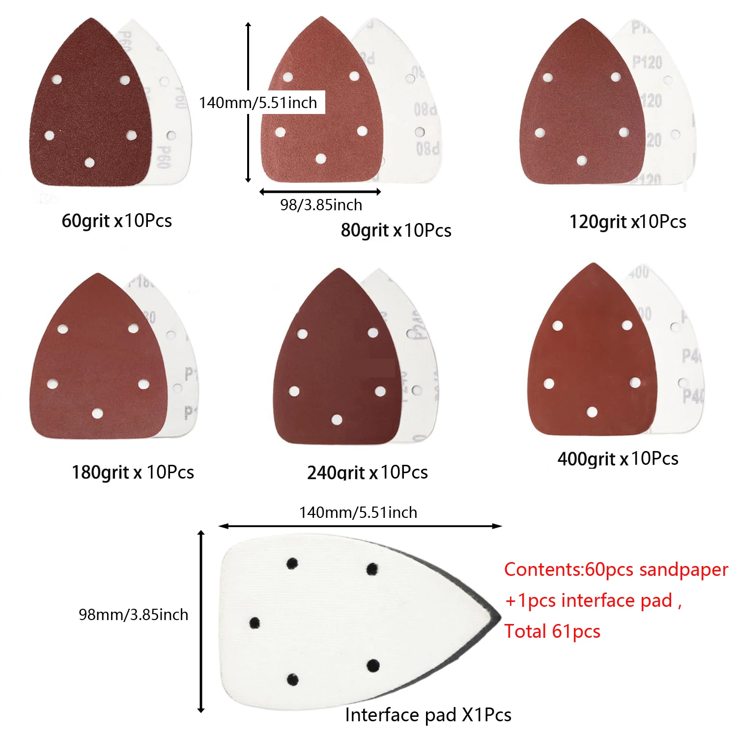 

61 шт. 98x140x140 мм, набор красной треугольной наждачной бумаги, крючок и петля, зернистость 60-400 для полировки дерева, металла, автомобиля