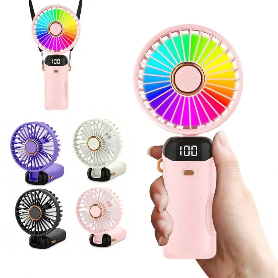 

1pc Rechargeable Portable Handheld Mini Electric Fan With Phone Holder And Lanyard, Upgraded 1200mAh Compact Fan, LED Display, Mini Desk Fan, USB Rechargeable Battery Powered, LED Digital Display, Dazzling Lighting, 6-Speed Adjustment, 90° Angle Adjustmen