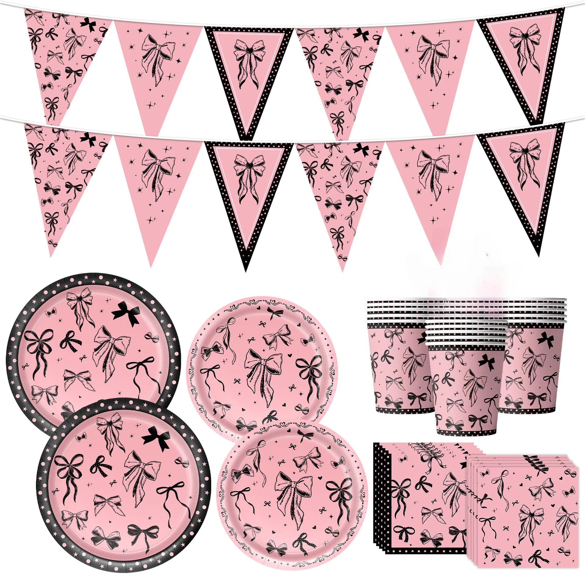 Pink and Black Bow Party Disposable Tableware Paper Plates Cups Napkins Birthday Decoration Bridal Shower Single Tea Party