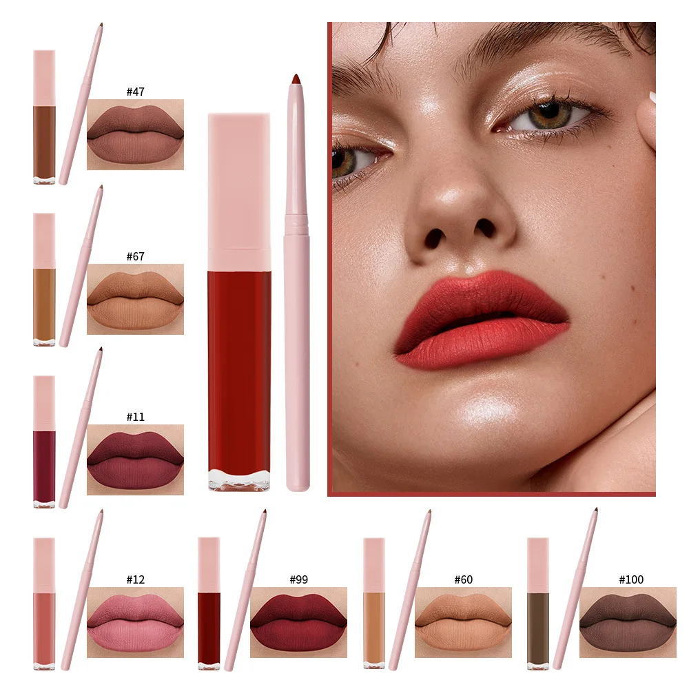 Wholesale Lip Liner Matte Gloss Set Private Label Pink Box Liquid Lipstick Kit Cruelty-Free Vegan Creamy 2 in 1 Makeup Bulk