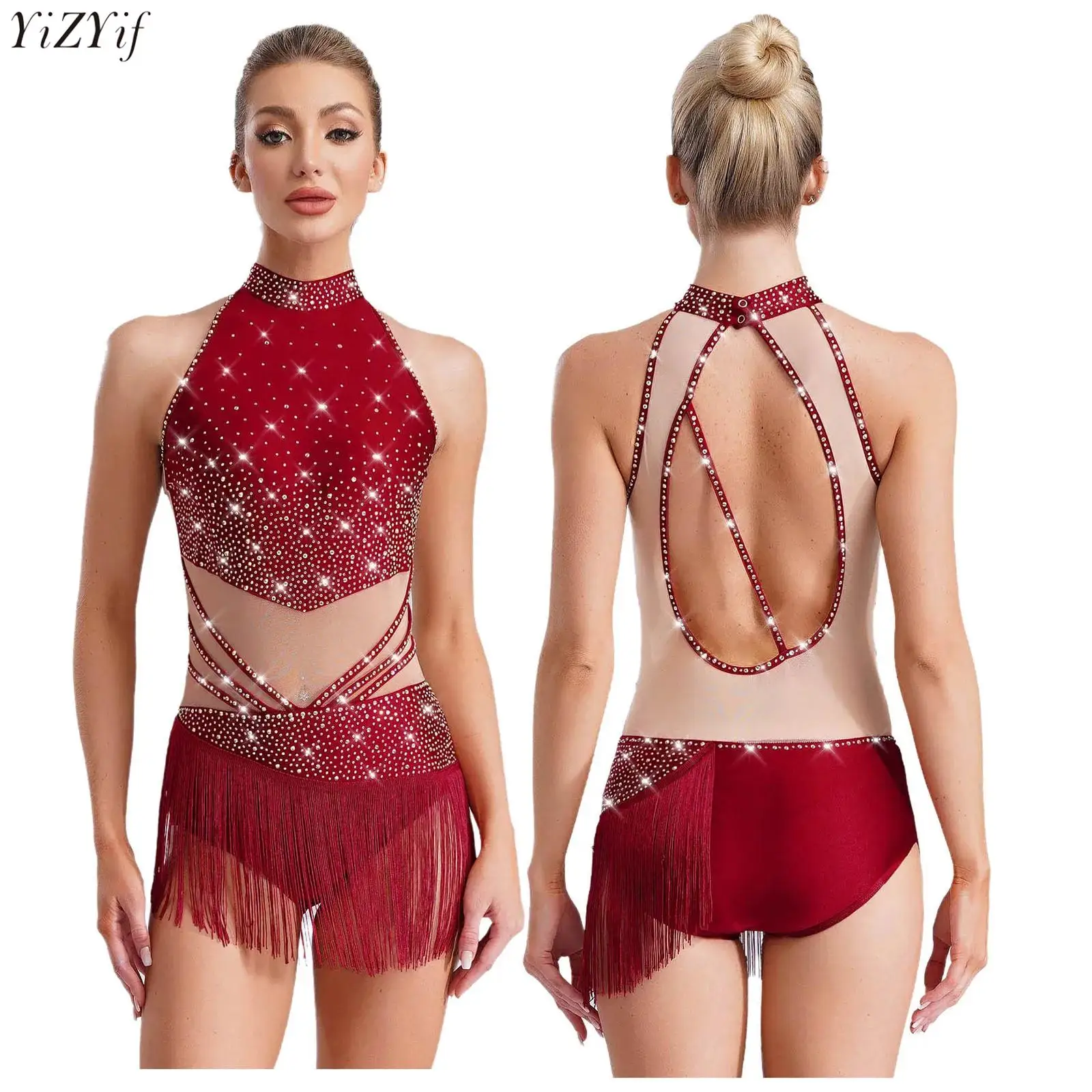 

Womens Latin Dancing Leotard Dress Sleeveless Back Hollow Out Tassel Skirted Bodysuit+Mesh Gloves Outfit Figure Skating Costume
