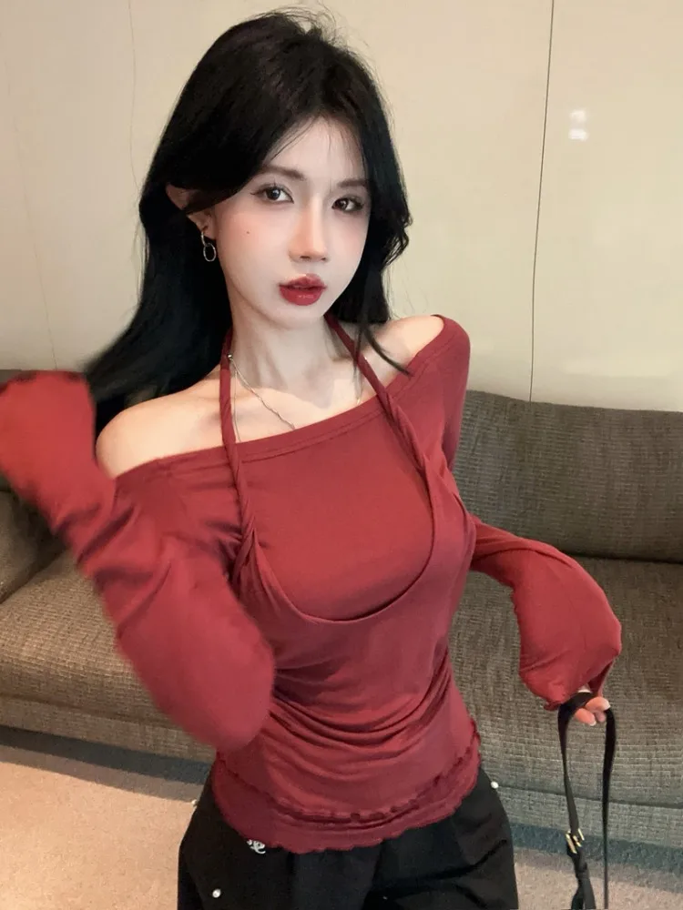 

Sexy Long Sleeve Neck Hanging One Shoulder Base Shirt Trendy Commute Style Korean Version Straight Tube Pure Color T-shirt