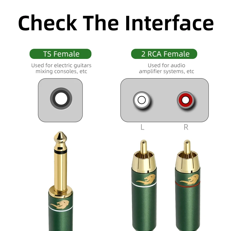 GOLLEY LION 6.35mm TS to Dual RCA Audio Cable | Shielded Design | Hi-Fi for Amps/Subwoofers