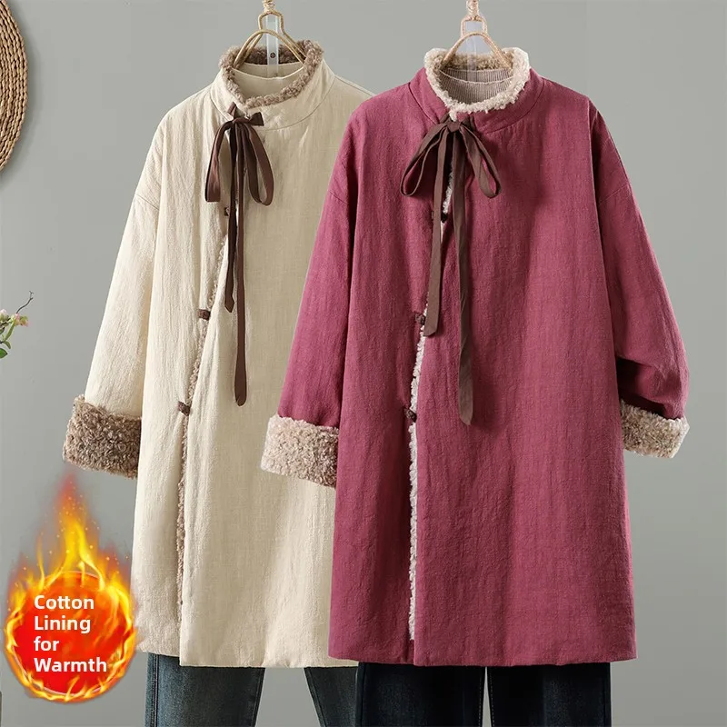 

Высококачественная женская зимняя куртка-пуховик средней длины больших размеров из утолщенного хлопково-льняного смесового материала в новом китайском стиле