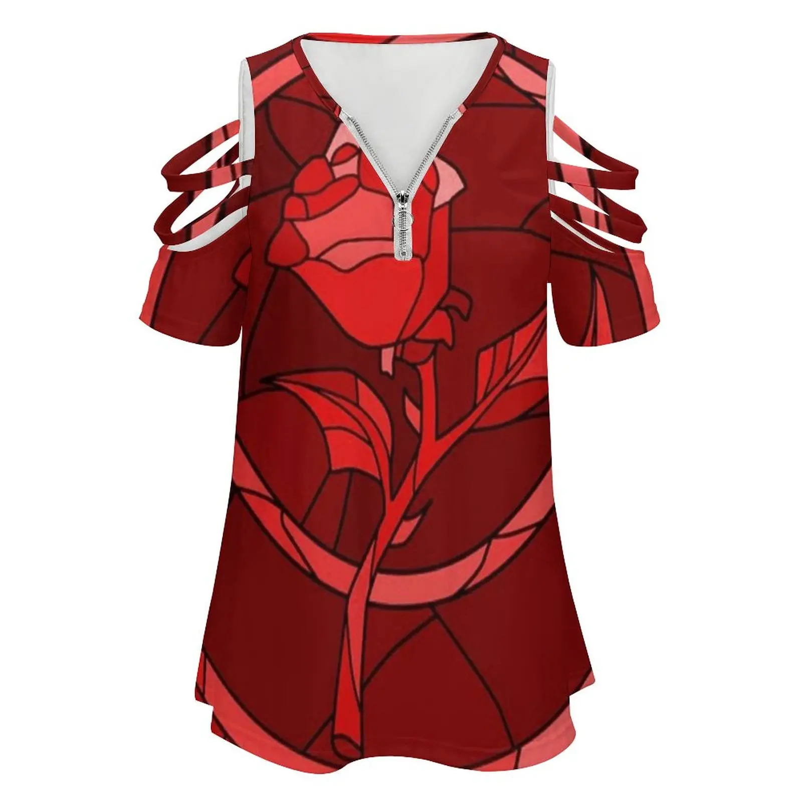 Stained Glass Rose Red Women's T-Shirt Summer Fashion Print Floral V-Neck Zipper Tshirt Hollow Pullover Ladies Top Case Glass