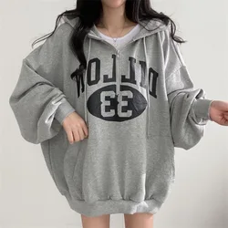 Women Harajuku Top Letter Print Sweatshirts Gray Vintage 2024 Girl Hip Hop Zip Up Oversized Hoodies Grunge Loose Autumn Tops