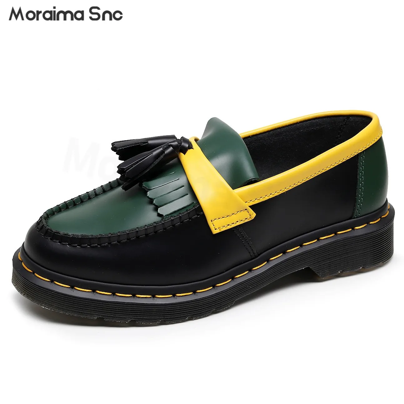 

Green and Yellow Color-Blocked Tassel Loafers Round Toe Low Heel Leather Shoes Large Size Women's Fashionable Casual Shoes