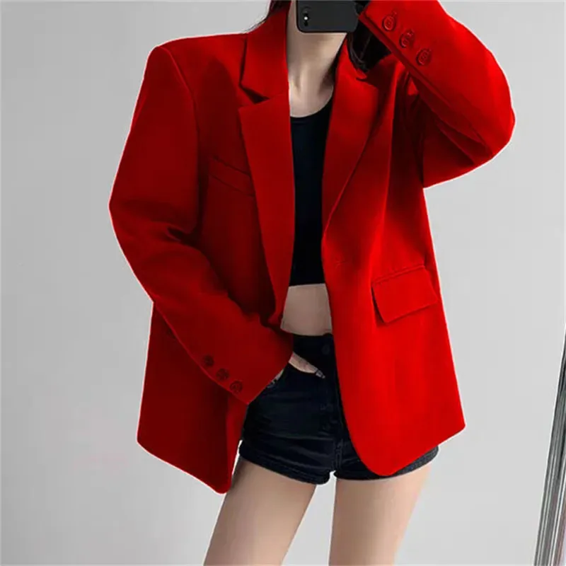 Lucyever Vintage Women\'s Blazer Fashion Streetwear Loose Long Sleeved Blazers All-Match Casual Single Button Office Lady Coat